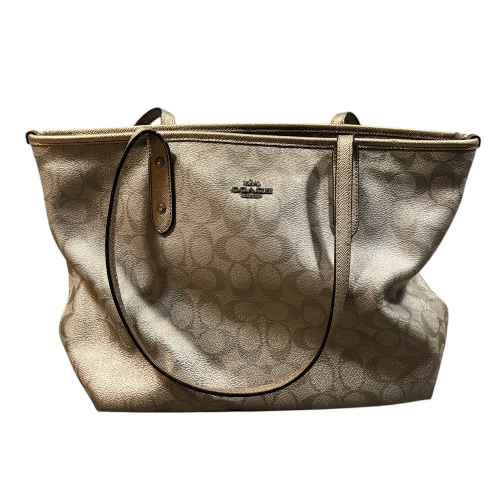 Coach Beige Signature Canvas Tote with Leather